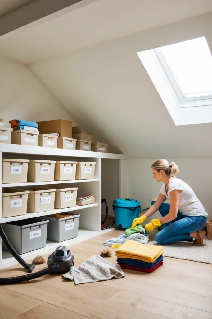 a woman cleaning the attic space