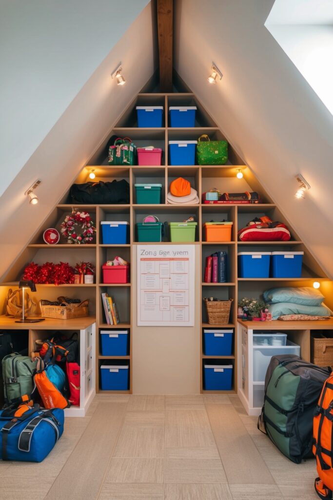 built-in storage shelves on attic walls and a notice board