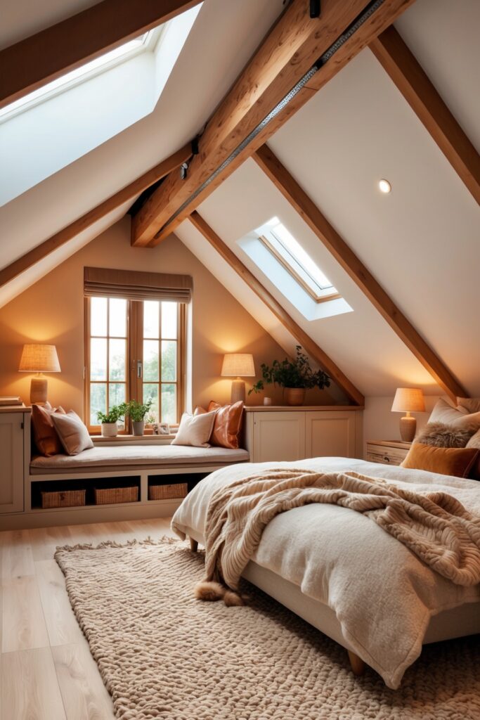 rustic attic bedroom with cozy bedding and window. 