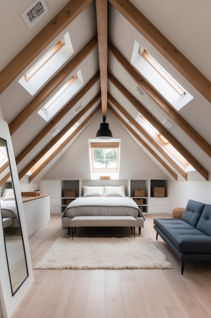 attic bedroom with high ceiling. mirror, sofa and bed. 