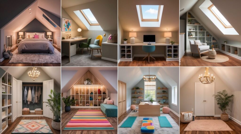 collage of attic makeover 