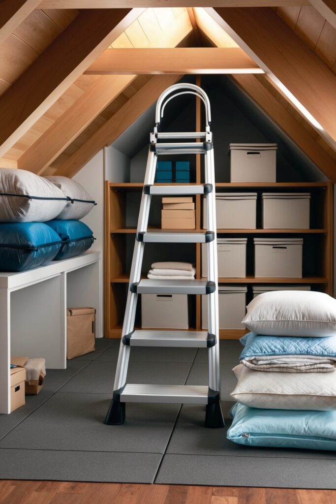 attic with ladder and storage boxes