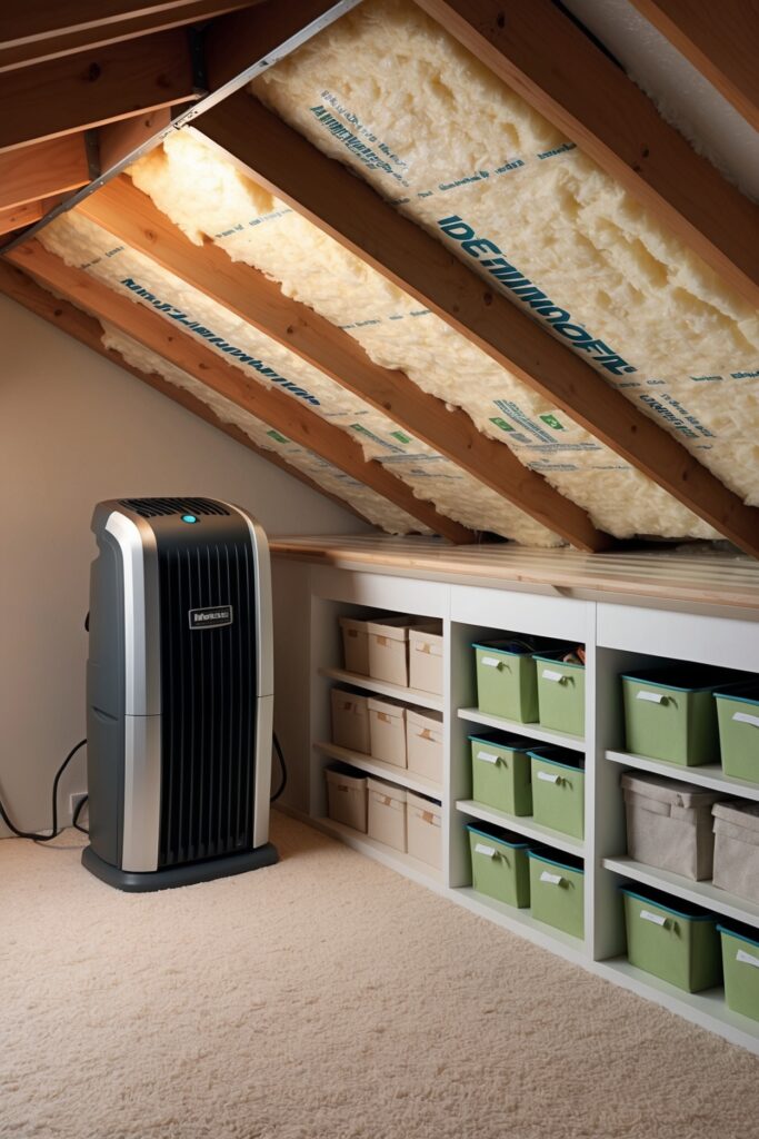 an attic with lots of storage and a dehumidifier and foam on roof