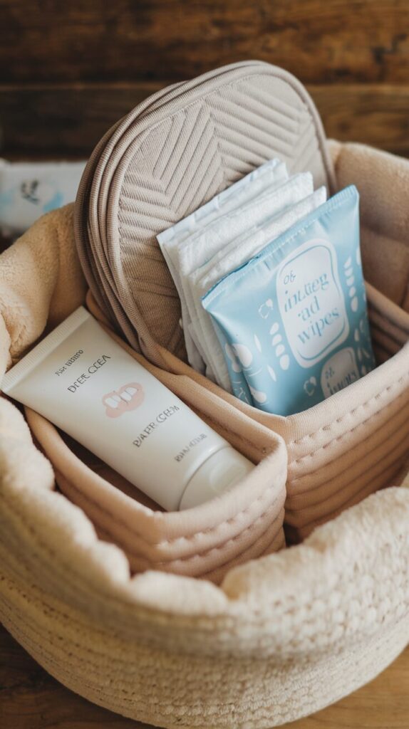 baby essential basket with diaper, cream and wipes