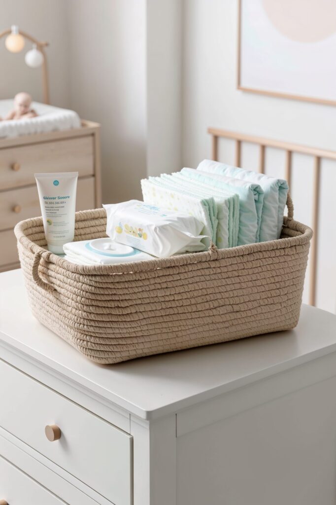 baby essential basket with diaper, cream and wipes