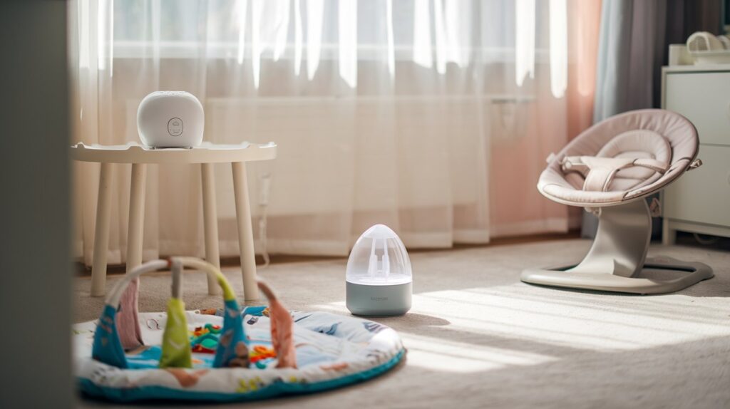 baby nursery room with a play mat and humidifier 