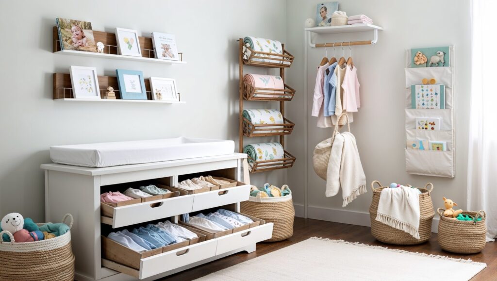 baby nursery with Storage, Dresser Drawers, Baskets and Bins, Shelving Units and Hanging Organizers.