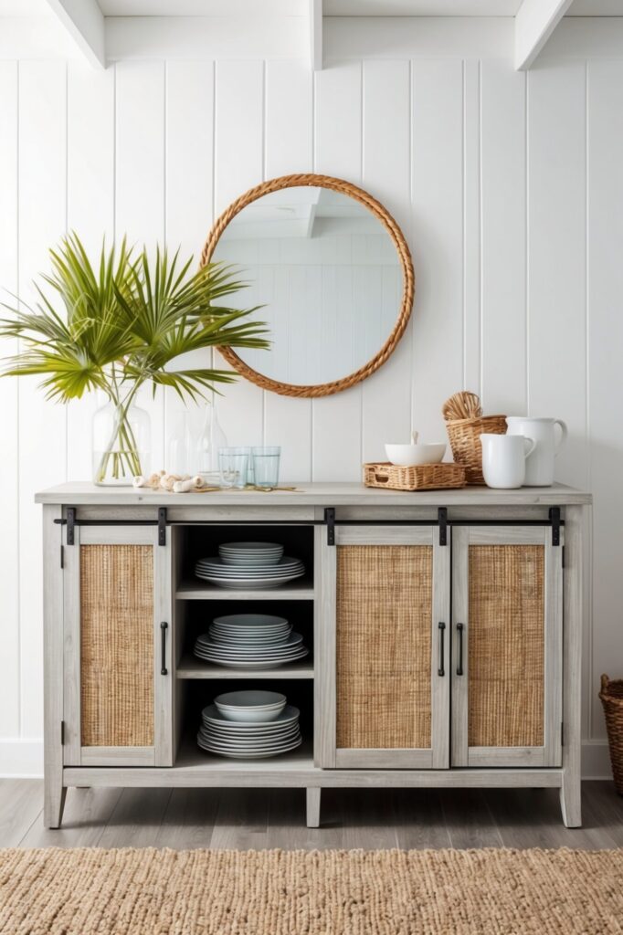  coastal dining room with rattan cabinet