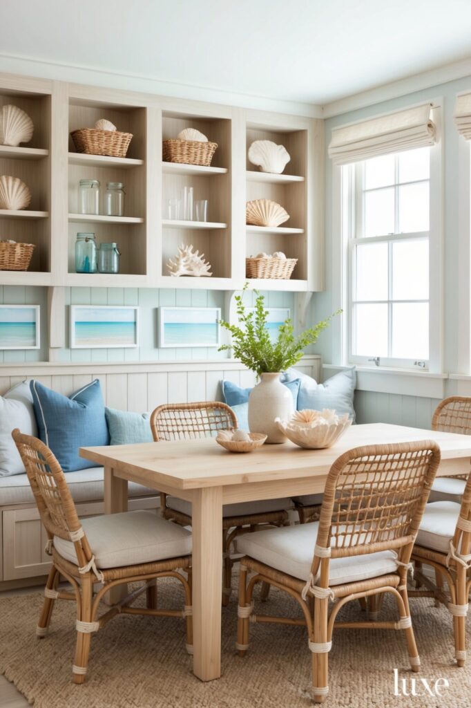 coastal dining room with rattan  chairs