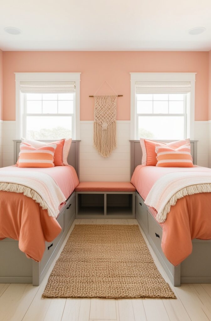 soft orange coastal themed twin bedroom