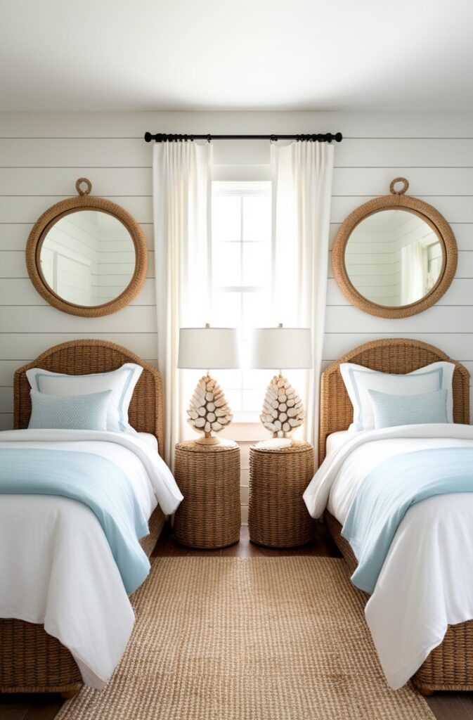 coastal twin bedroom with two beds and a mirror for each 