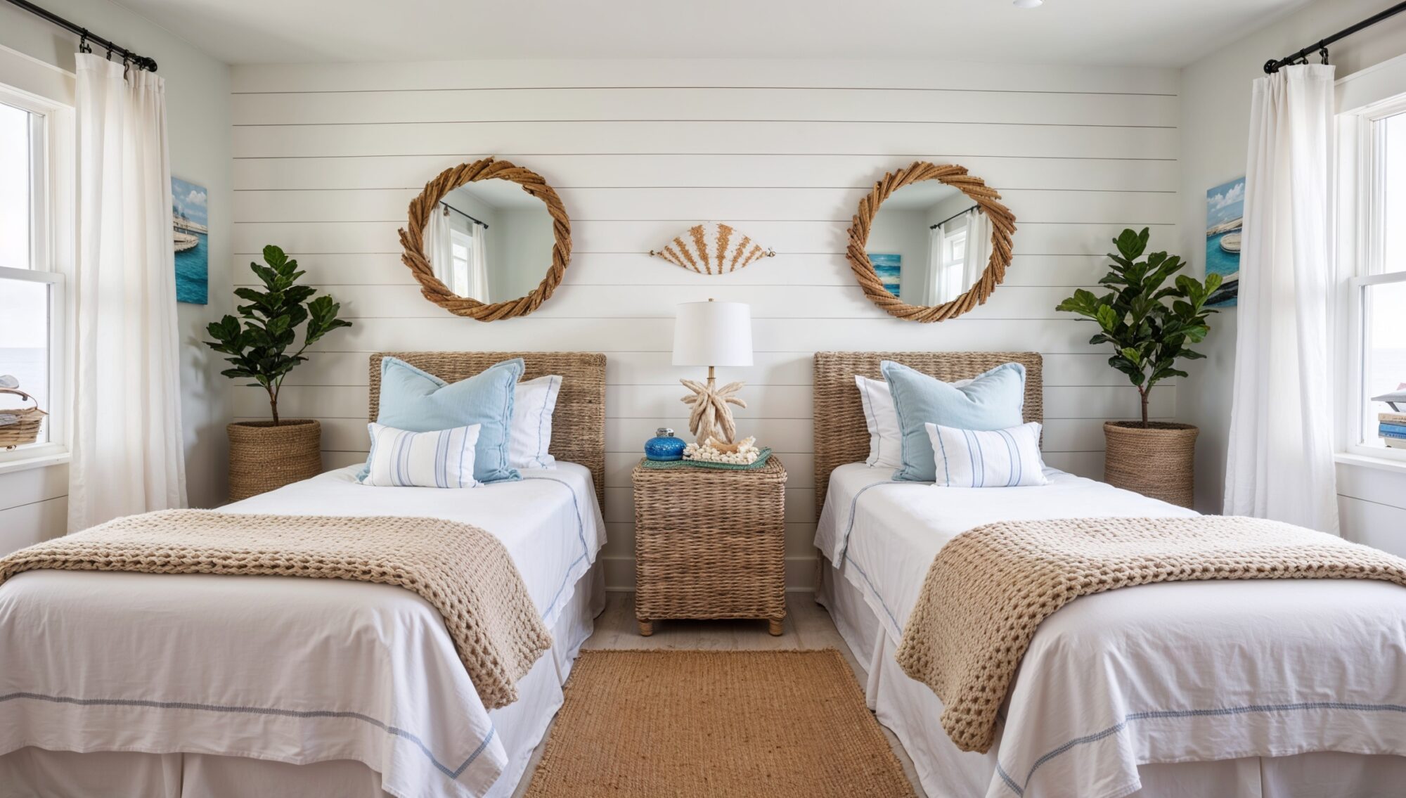 coastal bedroom with twin beds