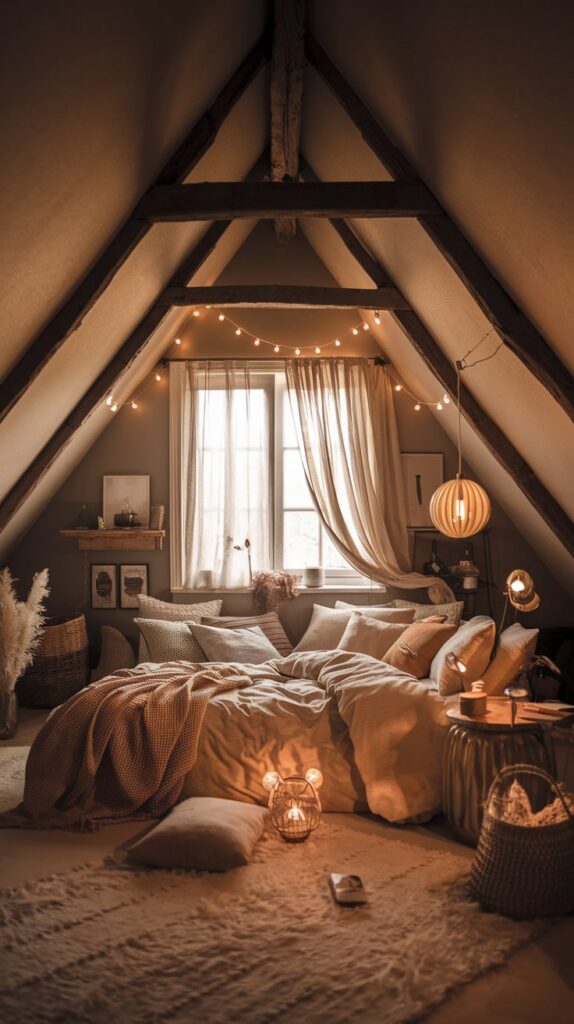 cozy boho attic bedroom with string lights and moody vibe