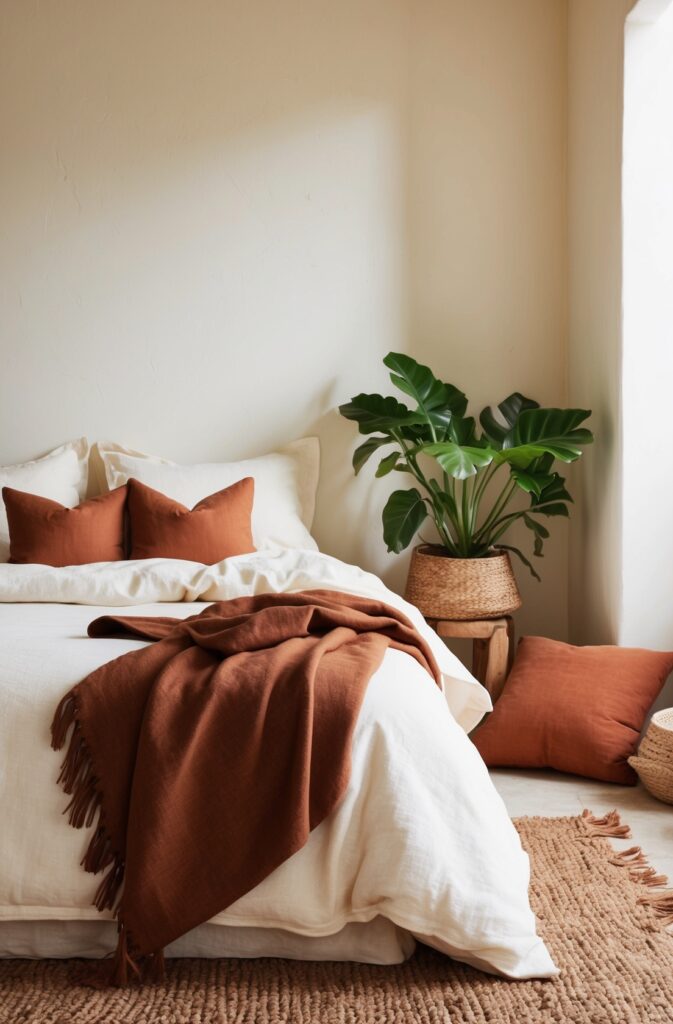 cozy cream bedroom with brown cushions