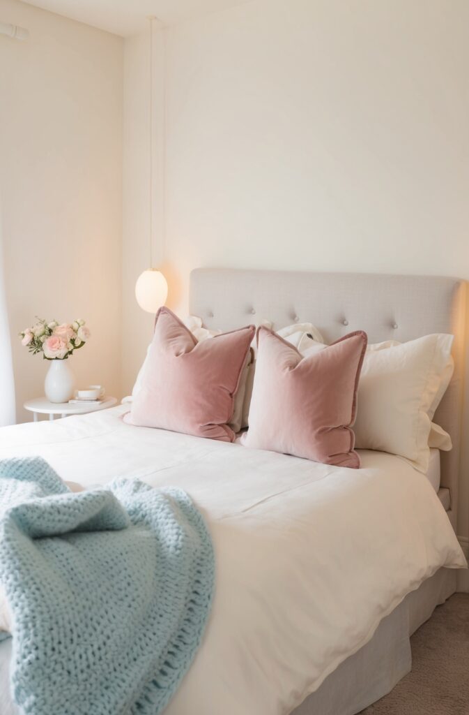 cozy cream bedroom with pastel cushions