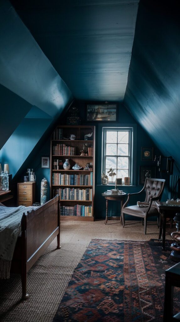 dark moody attic bedroom with dark blue walls 