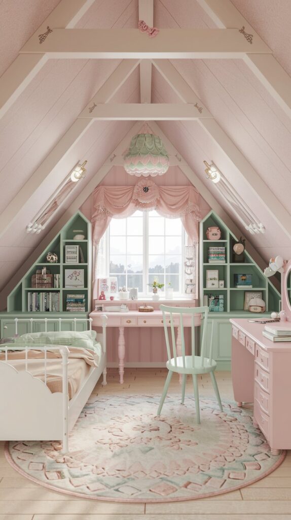 cute pastel attic bedroom in kawaii theme