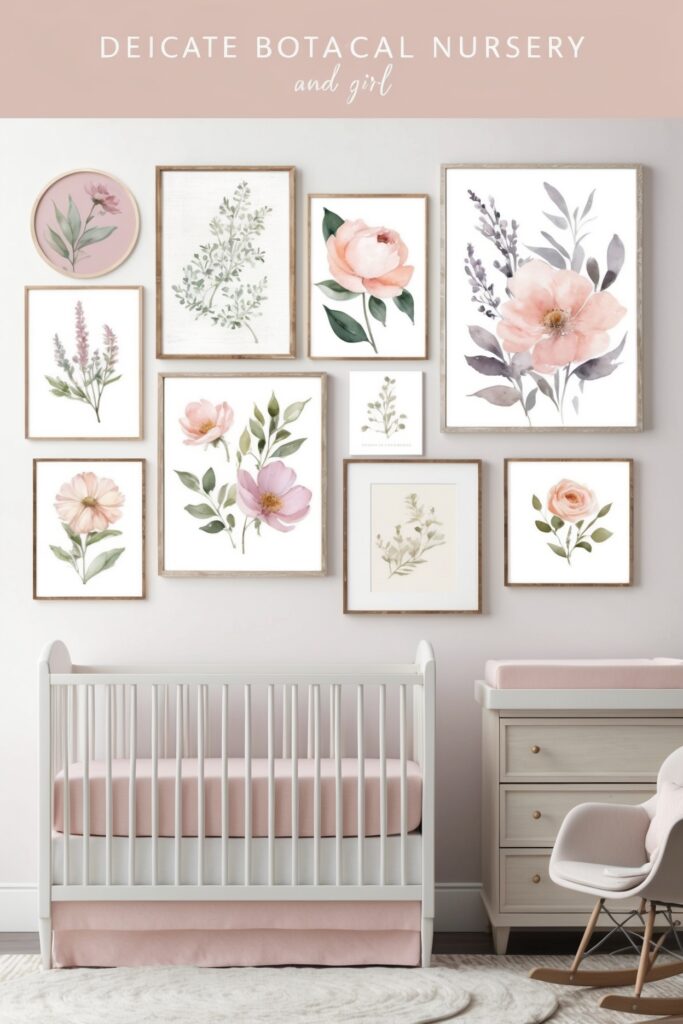 pink crib and wall arts