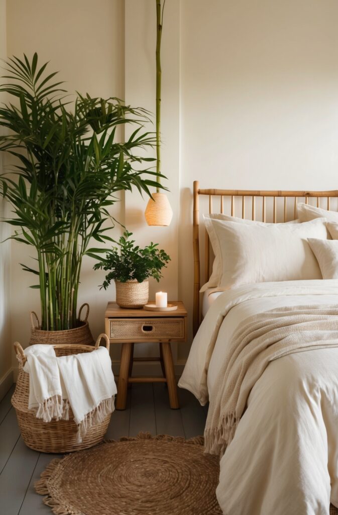 cozy cream bedroom with plants and rattan baskets