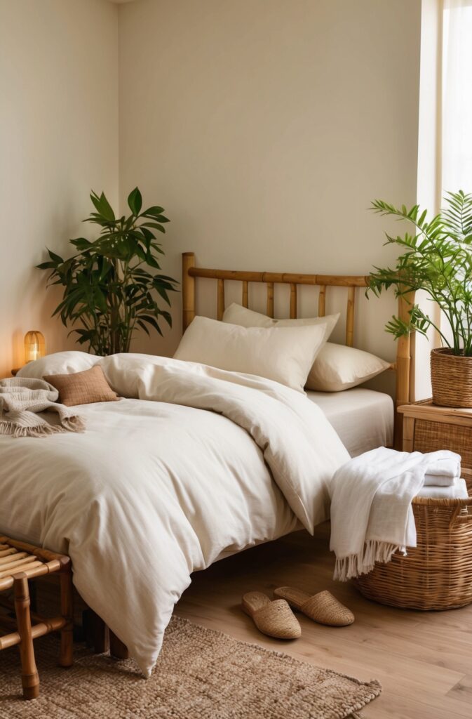 cozy cream bedroom with plants and rattan baskets