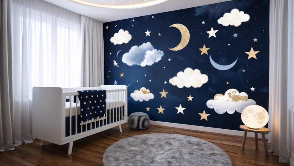 nursery with starry night wallpaper