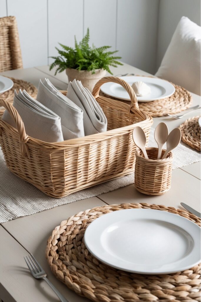 coastal dining room with rattan baskets