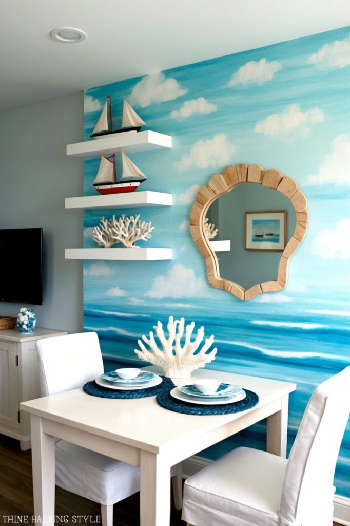 coastal dining room with unique mirror