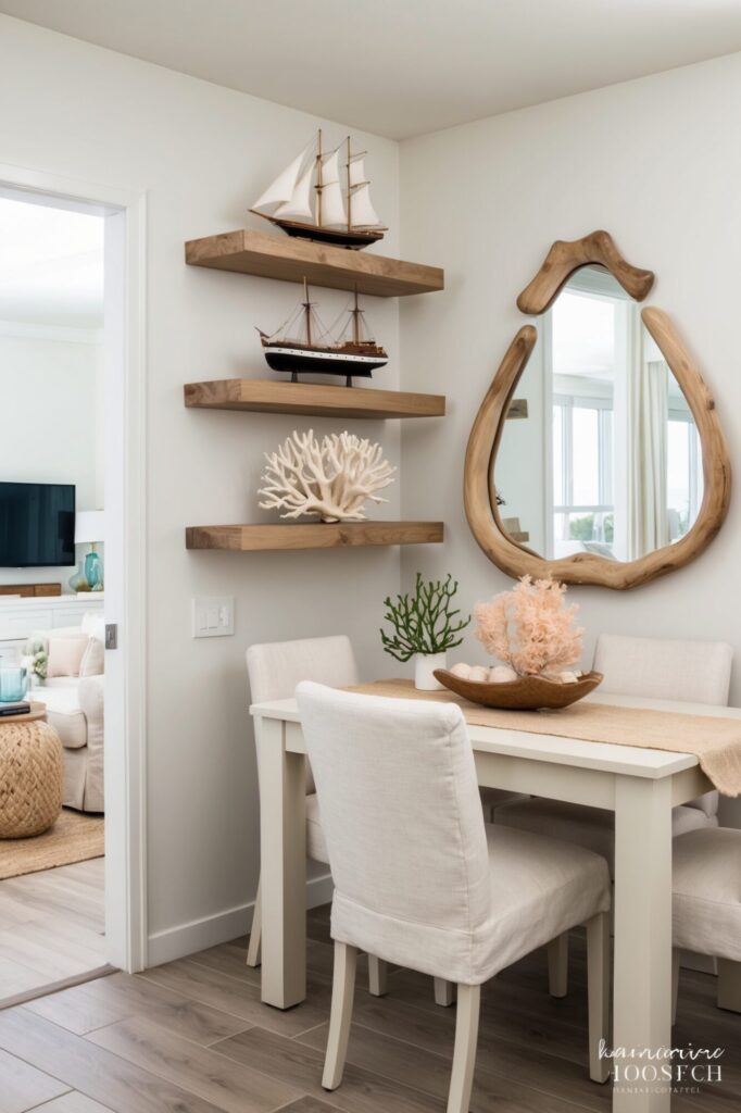 coastal dining room with unique mirror