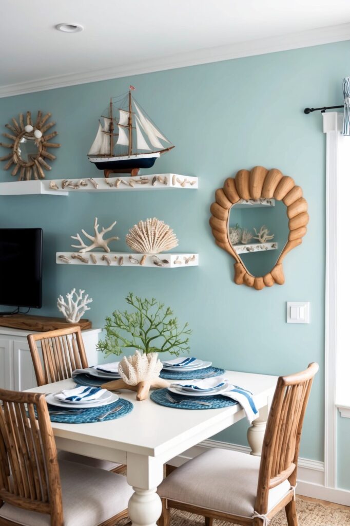 coastal dining room with unique mirror