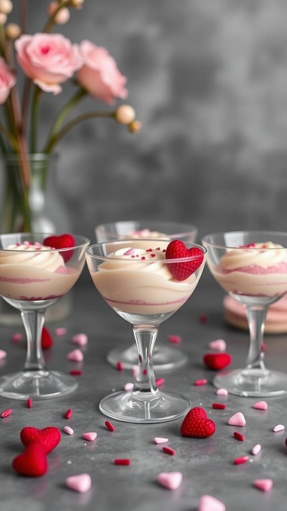 Layered dessert cups with raspberries and heart sprinkles