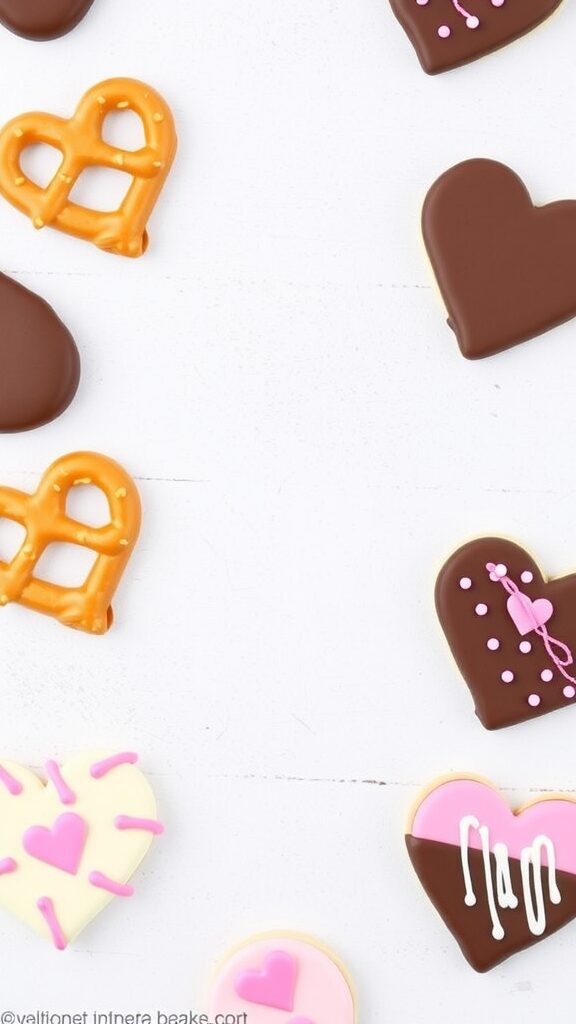 Colorful heart-shaped Valentine's Day desserts and chocolates on a white surface.