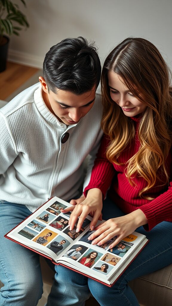 A couple sharing a scrapbook, looking through photos together.