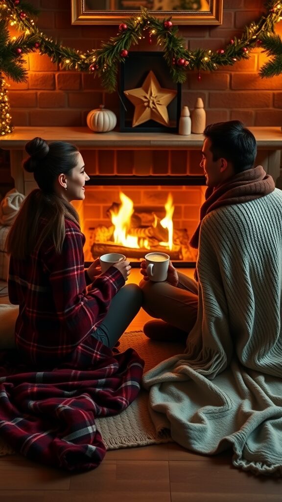 A couple sitting in front of a cozy fireplace, enjoying drinks and wrapped in blankets, creating a warm and romantic atmosphere.