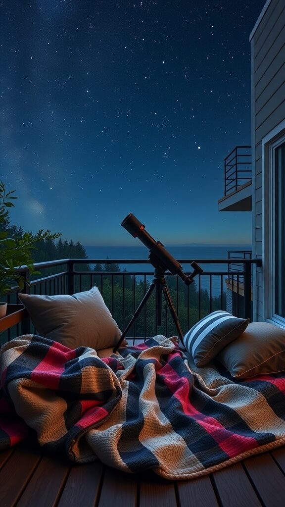 A cozy balcony setup with a telescope, pillows, and a blanket under a starry sky.