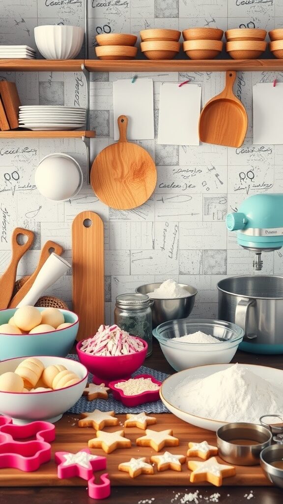 A cozy kitchen setup with baking supplies, ingredients, and cookie cutters, perfect for a bake-off challenge.