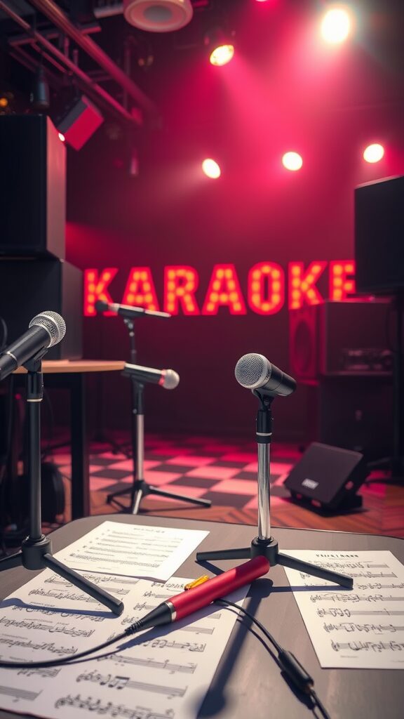 A karaoke stage with microphones and music sheets, ready for a fun night.