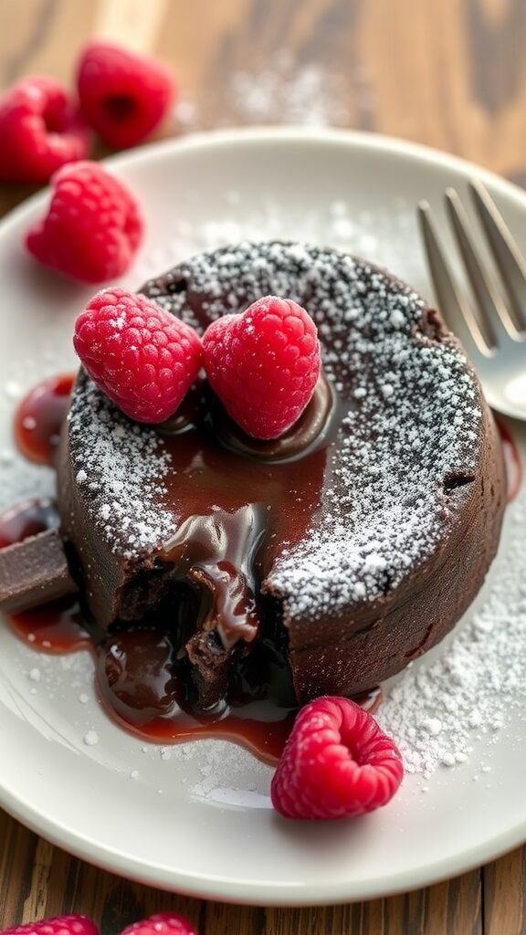 A decadent chocolate lava cake topped with raspberries and powdered sugar, with a gooey center on a white plate.