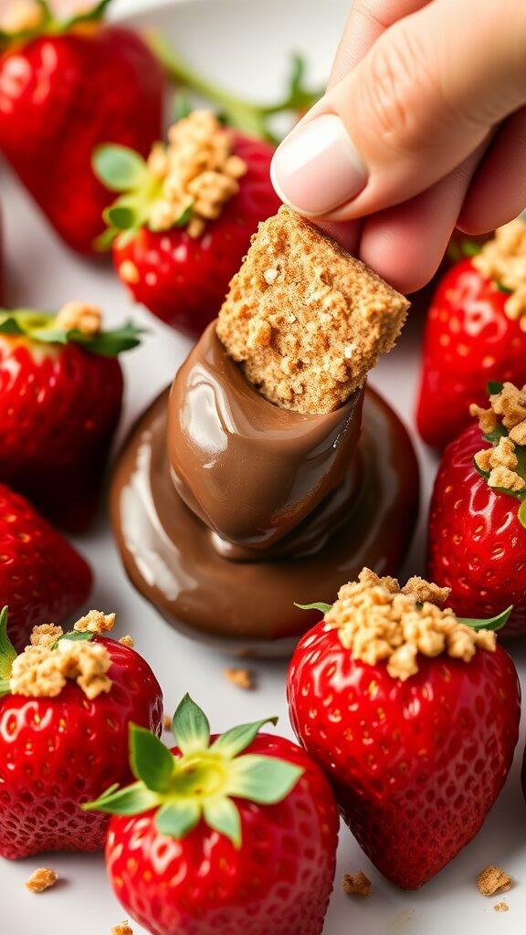 Chocolate dipped strawberries filled with cheesecake and topped with graham cracker crumbs