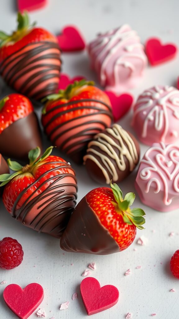 A collection of chocolate-covered strawberries and homemade chocolates, perfect for Valentine's Day