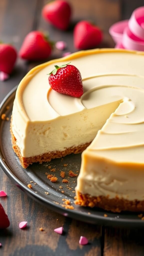 A slice of low-carb cheesecake with strawberries on a pink background.
