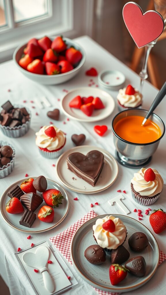 A romantic dessert bar with strawberries, chocolates, and cupcakes arranged for a cozy date night.