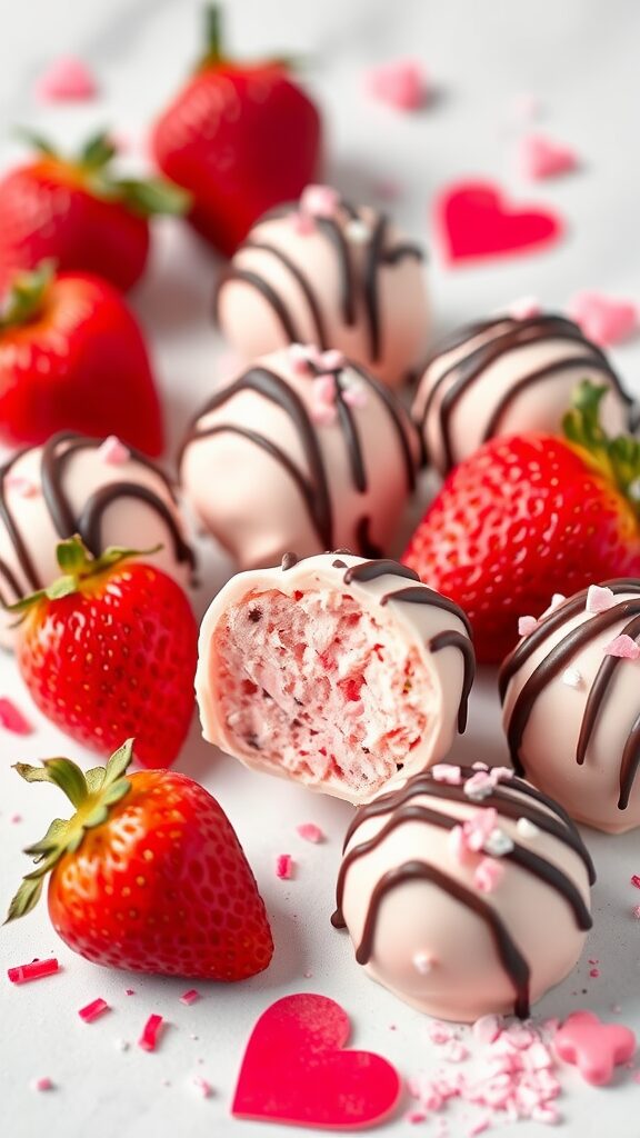 Delicious strawberry truffles coated in white and dark chocolate with fresh strawberries and heart-shaped sprinkles.