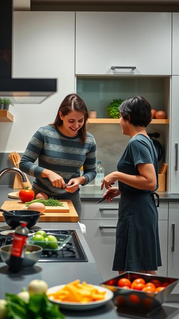 Two people cooking together in a modern kitchen, smiling and enjoying the moment.