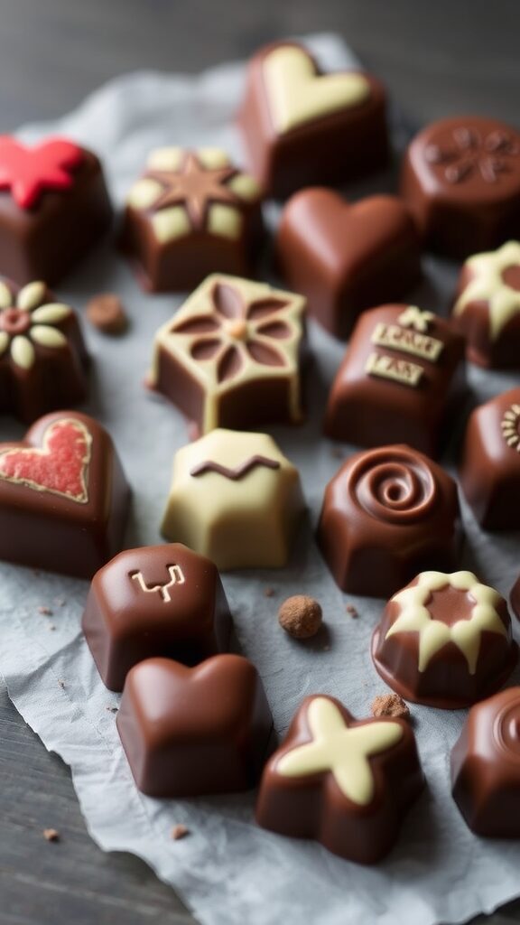 An assortment of beautifully crafted DIY Valentine chocolates in various shapes and designs.