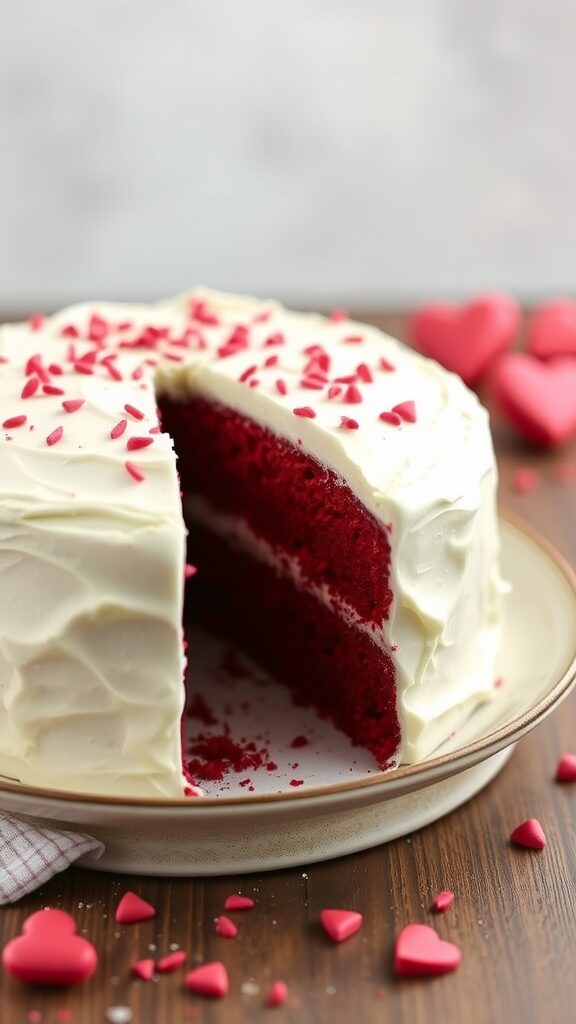 A beautifully decorated red velvet cake with white frosting and heart-shaped sprinkles, showcasing a slice cut out.