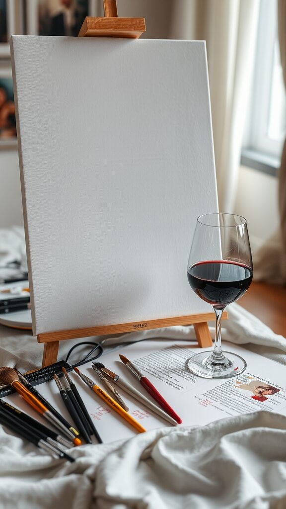 A glass of red wine next to an easel with a blank canvas and paintbrushes, set for a cozy painting night at home.