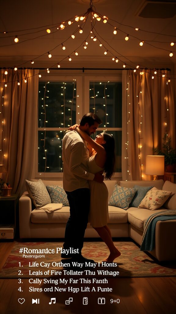 Couple dancing in a cozy living room with soft lighting.