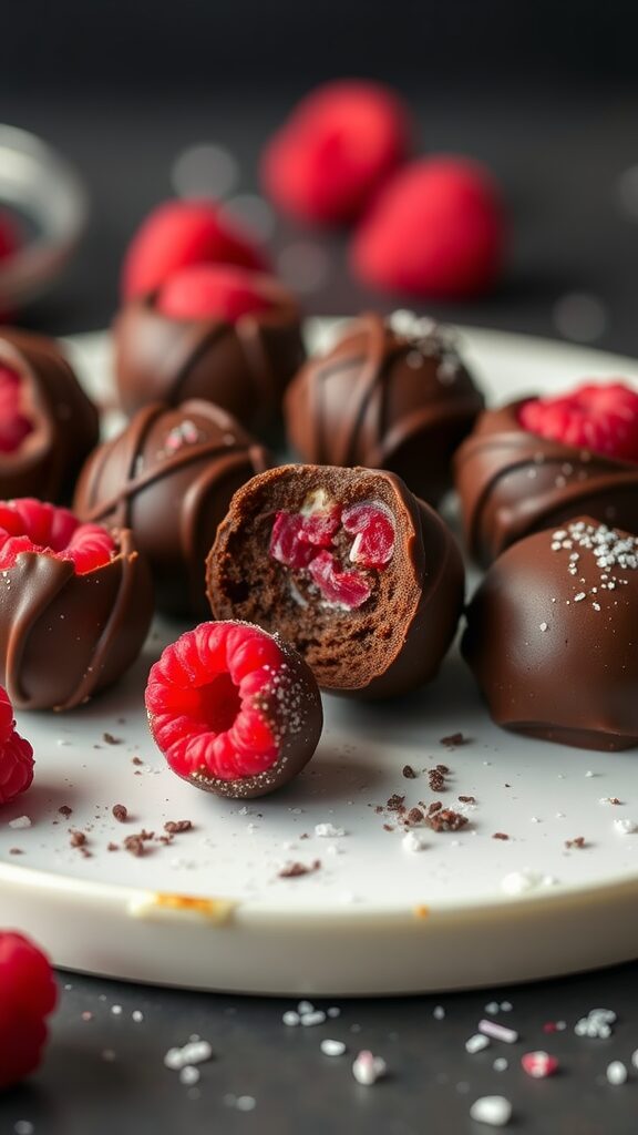 A plate of homemade chocolate raspberry delights, featuring chocolate-covered raspberry bites and fresh raspberries.