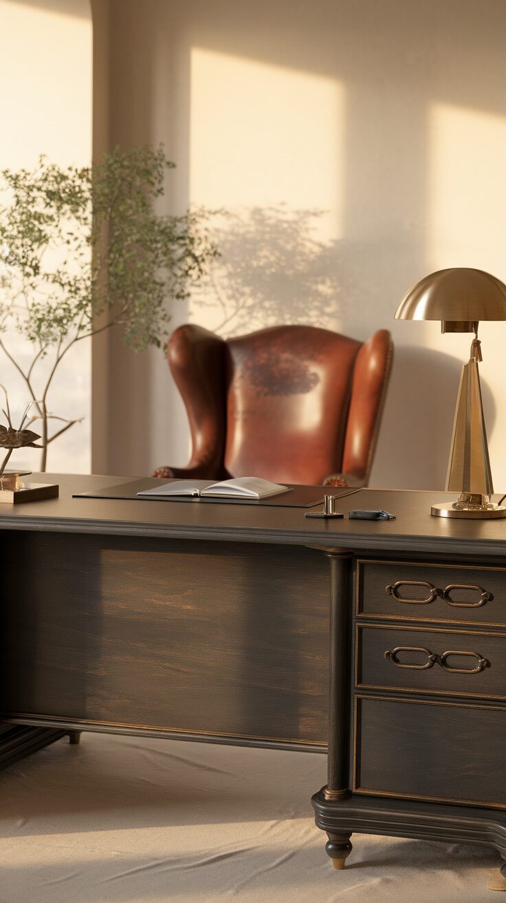 A stylish desk with a leather chair, lamp, and decorative plant, showcasing a modern masculine workspace.