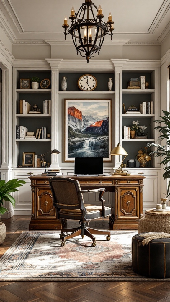 A classic home office with dark wood furniture, decorative bookshelves, and elegant lighting.